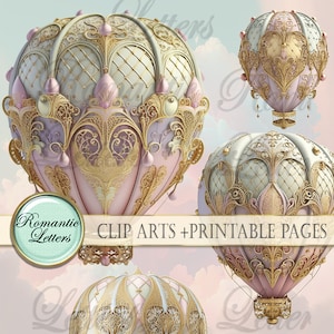 Heteluchtballon digitale illustraties plakboek papier kwekerij clipart babyshower clipart elementen uitnodiging afdrukbare shabby chic downloaden, png
