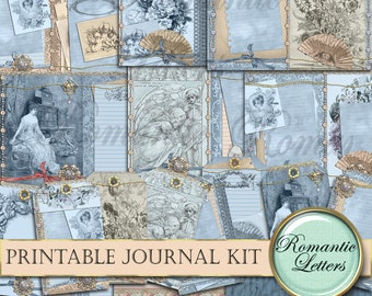 May include: Printable journal kit with a blue and white color scheme. The kit includes various decorative papers, tags, and frames with a vintage aesthetic. The text "Romantic Letters" is featured on a round label.