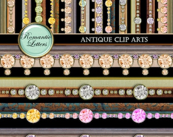 Diamond Gemstone Border Clip Art: Scrapbooking Gold Lace Ribbon (Digital PNG)