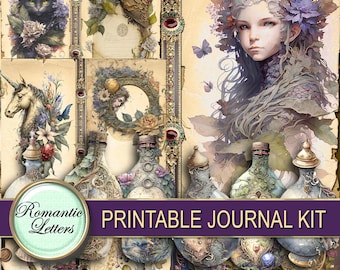 May include: A printable journal kit featuring a collection of decorative papers with illustrations of a black cat, an owl, a unicorn, and a person adorned with flowers. The set includes ornate borders, vintage-style bottles, and text reading Romantic Letters and PRINTABLE JOURNAL KIT.