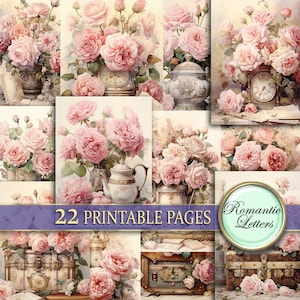 Confezione di carta per album digitale floreale, pagine di diario spazzatura, fiori di rosa shabby chic, carta antica, carta da matrimonio, carta vittoriana, antica, formato A4