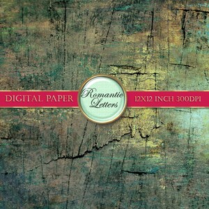 May include: Digital paper background with a distressed, textured look. The background is a mix of green, blue, and brown colors. The text "Romantic Letters" is in a gold circle with a green background. The text "12x12 inch 300dpi" is also included.