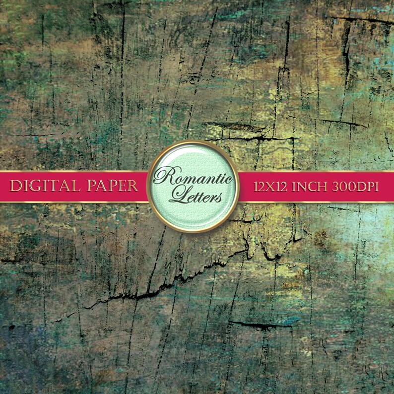 May include: Digital paper background with a distressed, textured look. The background is a mix of green, blue, and brown colors. The text "Romantic Letters" is in a gold circle with a green background. The text "12x12 inch 300dpi" is also included.