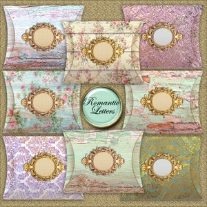 May include: Set of nine pillow boxes with different vintage patterns. Each box has a gold frame with a blank circle in the center. The boxes are perfect for packaging small gifts or favors. The text "Romantic Letters" is visible in the center of the image.