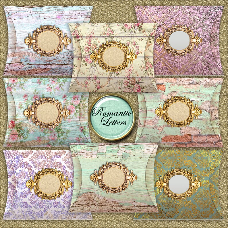 May include: Set of nine pillow boxes with different vintage patterns. Each box has a gold frame with a blank circle in the center. The boxes are perfect for packaging small gifts or favors. The text "Romantic Letters" is visible in the center of the image.