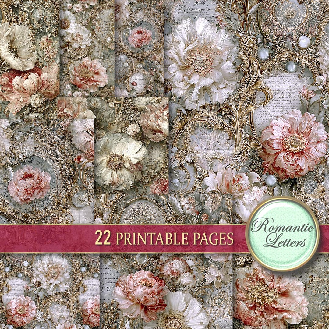 Digital Scrapbook Paper Pack, Floral Junk Journal Pages, Rose Flowers ...