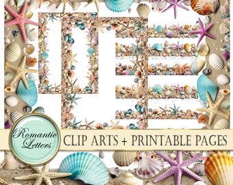 beach sea shells digital clip art printable scrapbook frame clipart elements beach wedding party invitation printable background borders PNG