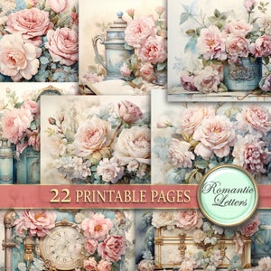 Floral Digital printable Scrapbook Papier Pack Junk Journal Seiten Shabby Chic rose Blumen antike Bücher viktorianisches Papier Aquarell A4