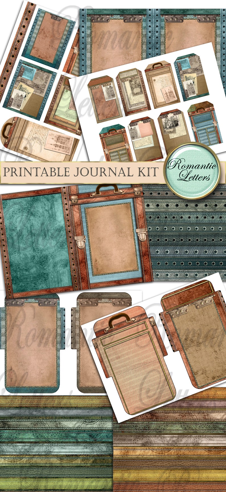 Printable travel journal kit digital scrapbooking printable junk journal craft paper A4 8.5x11 mini album printable journal pages tags card image 3