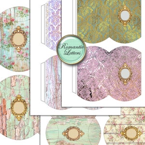 May include: Printable template for creating favor boxes with a romantic theme. The template features various designs including floral patterns, distressed wood, and damask patterns. Each box has a circular cutout for a decorative embellishment.