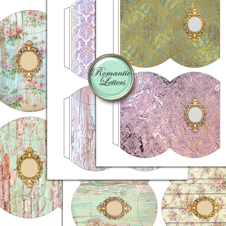 May include: Printable template for creating favor boxes with a romantic theme. The template features various designs including floral patterns, distressed wood, and damask patterns. Each box has a circular cutout for a decorative embellishment.