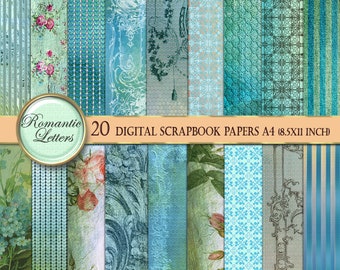 Vintage digital paper pack scrapbook background paper digital printable paper blue vintage digital vintage paper pack junk journal A4 8x11