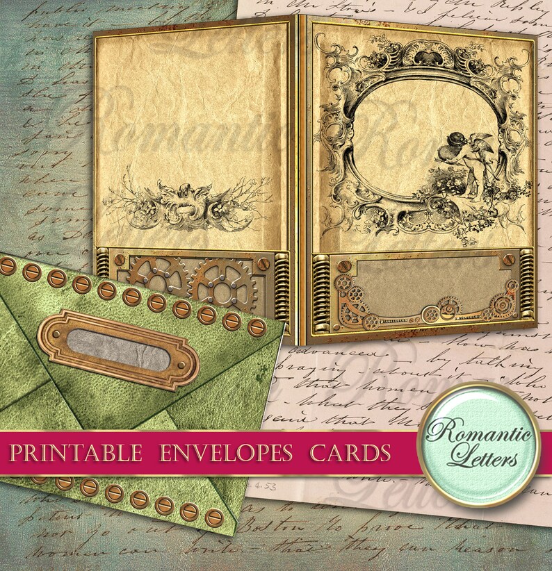 K&ouml;nnte beinhalten: Druckbare Umschlagkarten im Vintage-Steampunk-Design. Die Karten zeigen einen gr&uuml;nen Lederumschlag mit Messingakzenten und einen goldfarbenen Rahmen mit filigranen Details. Der Text "PRINTABLE ENVELOPES CARDS" ist in Rot auf wei&szlig;em Hintergrund gedruckt.