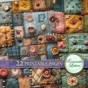 May include: A digital collage sheet with 22 printable pages featuring a patchwork quilt design with various colors, textures, and patterns. The text "Romantic Letters" is in a circle on the right side of the image.