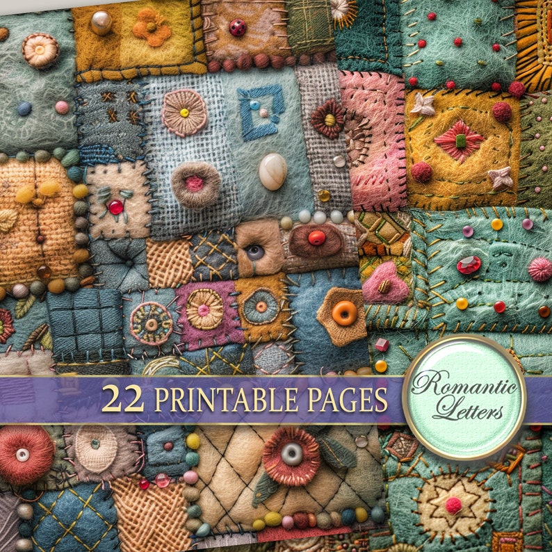 May include: A digital collage sheet with 22 printable pages featuring a patchwork quilt design with various colors, textures, and patterns. The text "Romantic Letters" is in a circle on the right side of the image.