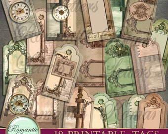 May include: Set of 18 printable tags featuring vintage-inspired designs with ornate frames, clocks, and decorative elements. The tags are in shades of brown, green, and beige with a distressed look.