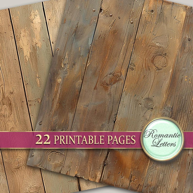 May include: A digital paper pack with 22 printable pages featuring a rustic woodgrain background. The wood planks are a mix of brown, beige, and blue tones. The text "Romantic Letters" is in a circle on the bottom right corner of the image.