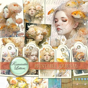 Carnet cartonné à imprimer, poisson doré, papier scrapbooking imprimable, agenda imprimable, carnet de bord, étiquettes, cartes, enveloppe, pages aquarelle