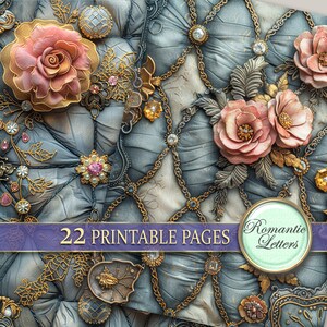 May include: A digital paper pack with 22 printable pages featuring a blue, gold, and pink design with chains, roses, and jewels. The text "Romantic Letters" and "22 Printable Pages" is included in the image.