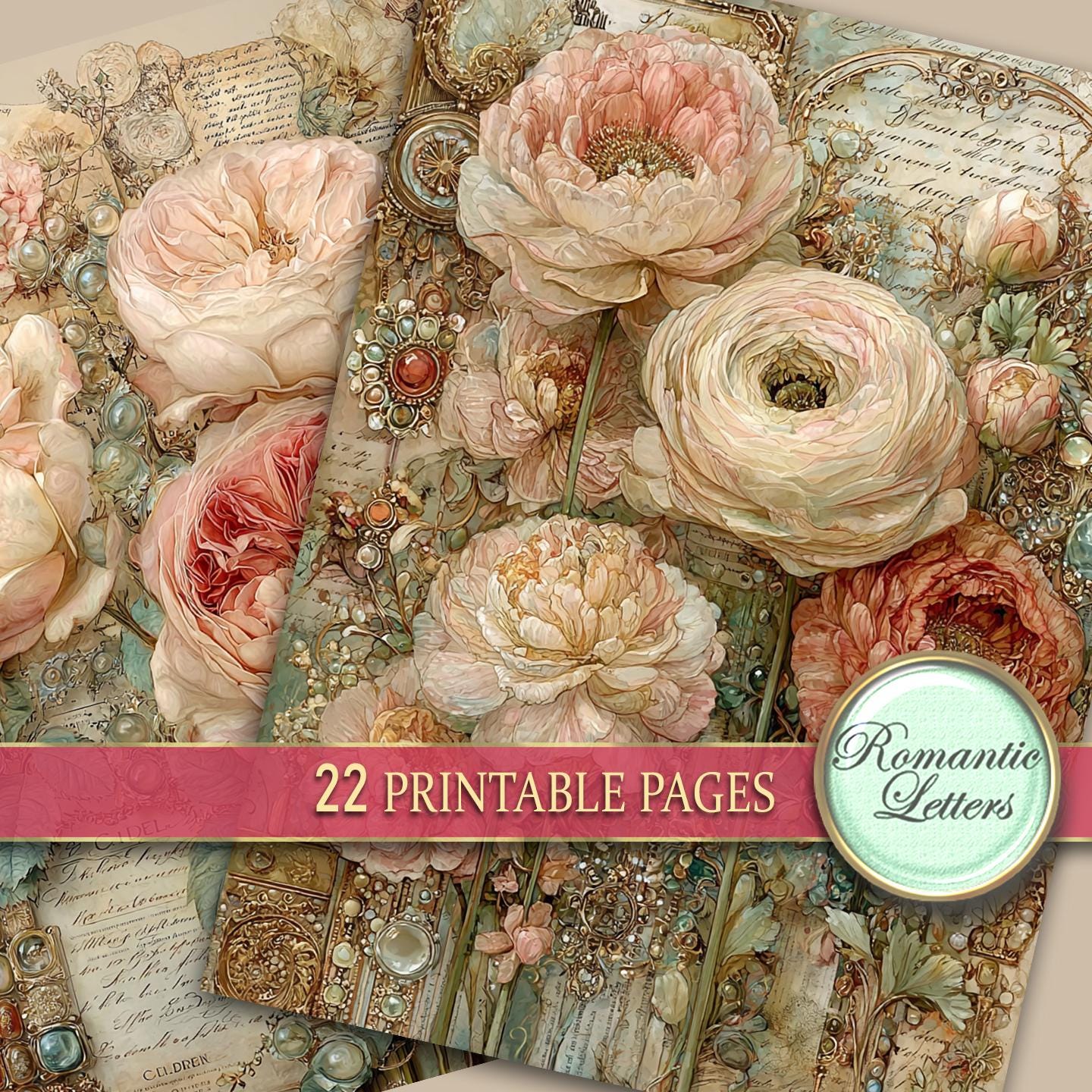 Rose Digital Scrapbook Paper Pack Printable Junk Journal Pages Shabby ...