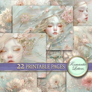 Puede incluir: Un collage digital de 22 páginas imprimibles con delicados diseños florales, figuras etéreas y patrones intrincados en suaves colores pastel. El texto "Romantic Letters" es visible en la esquina inferior derecha.
