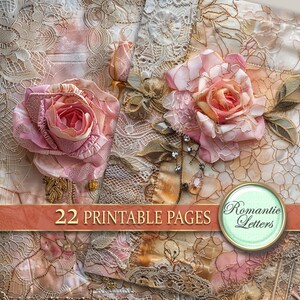 May include: A collage of 22 printable pages featuring delicate lace patterns, pink roses, and gold accents. The text "Romantic Letters" is displayed in a circle on the bottom right corner of the image.