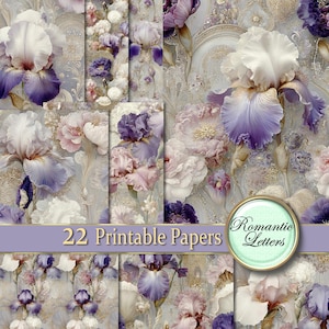 May include: A collection of 22 printable papers featuring a floral design with irises in shades of white, purple, and pink. The papers have a vintage aesthetic with a light gray background and the text "22 Printable Papers" is displayed.