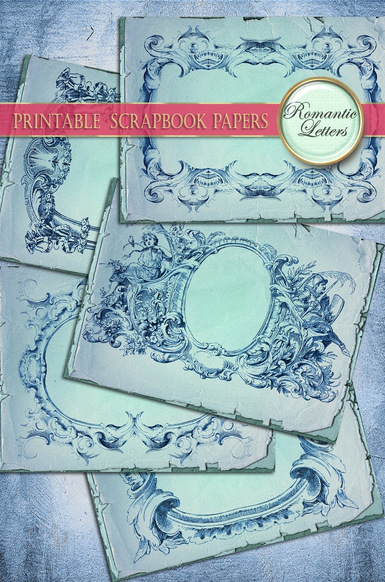 Digital printable scrapbook frames paper printable paper pack junk journal blank pages vintage craft paper blue background shabby chic A4 image 2