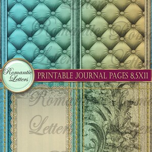 May include: Printable journal pages with a vintage aesthetic. The design features tufted textures in teal and olive green, lace trim, and floral patterns. The text "Romantic Letters" and "Printable Journal Pages 8.5x11" are visible.