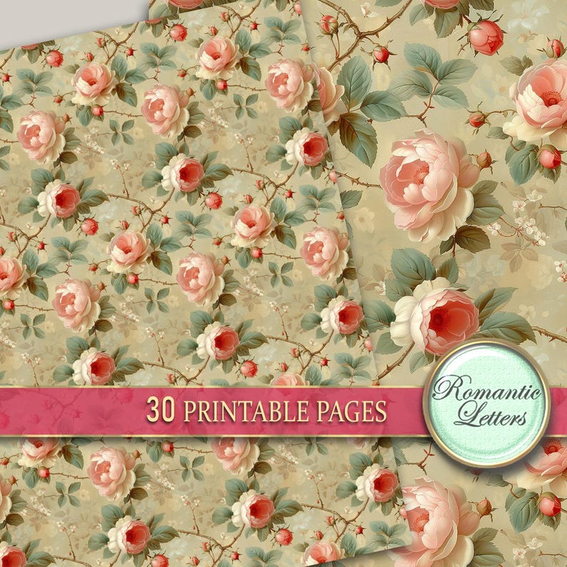Floral Digital Scrapbook Paper Shabby Chic Junk Journal Pages Vintage ...