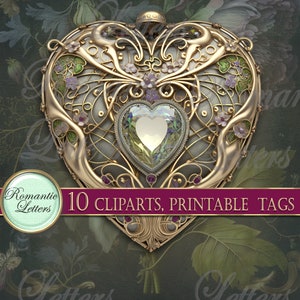 May include: A gold heart-shaped locket with intricate filigree details and a large green gemstone in the center. The locket is surrounded by a floral design with pink and green accents. 10 Cliparts, Printable Tags.
