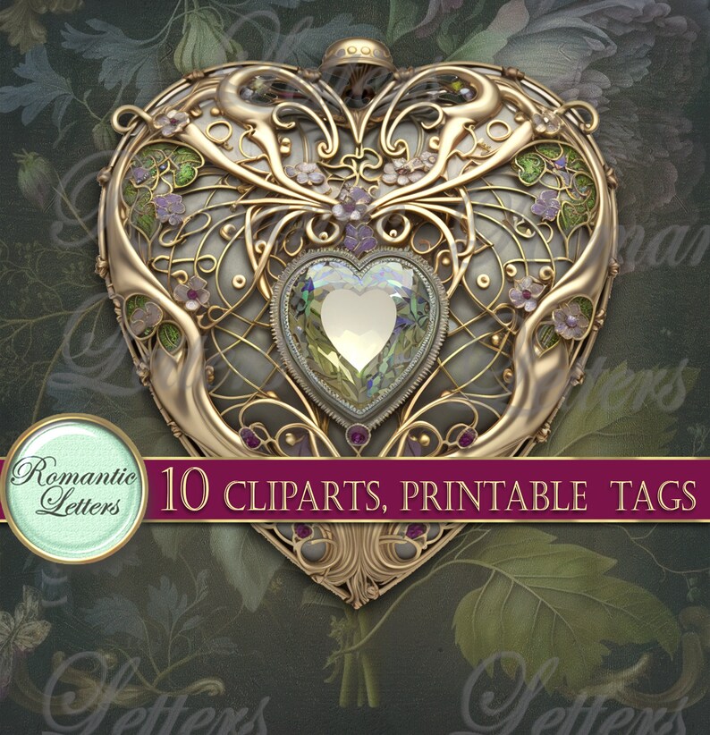 May include: A gold heart-shaped locket with intricate filigree details and a large green gemstone in the center. The locket is surrounded by a floral design with pink and green accents. 10 Cliparts, Printable Tags.
