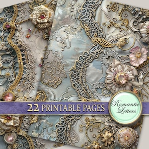 Victorian Digital printable junk journal pages scrapbook paper pack Shabby chik baroque luxury printable craft paper embroidery golden lace image 9