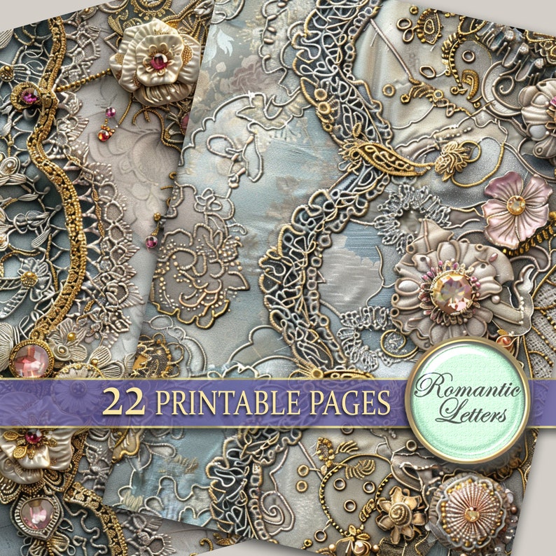 Victorian Digital printable junk journal pages scrapbook paper pack Shabby chik baroque luxury printable craft paper embroidery golden lace image 9