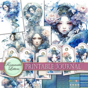 Carnet cartonné à imprimer sirène, papier scrapbooking imprimable, agenda électronique, carnet cartonné, étiquettes, cartes, enveloppe, pages aquarelle