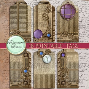 May include: Eighteen printable gift tags with a steampunk design. The tags feature a brown and gold background with gears, cogs, and other mechanical elements. Some tags have a purple or blue jewel-like accent. The text "18 Printable Tags" is at the top of the image.