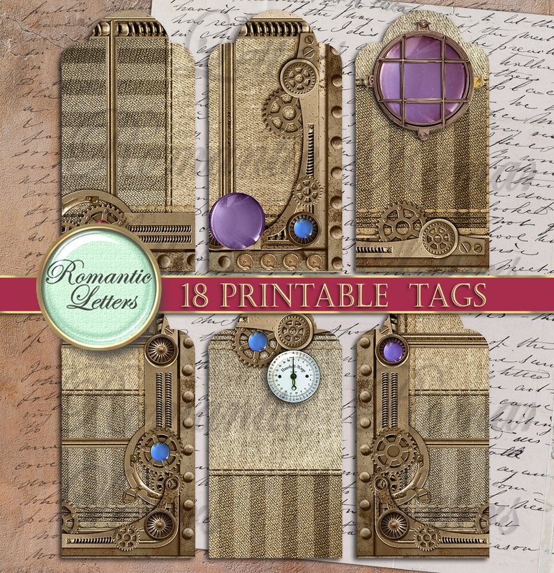 May include: Eighteen printable gift tags with a steampunk design. The tags feature a brown and gold background with gears, cogs, and other mechanical elements. Some tags have a purple or blue jewel-like accent. The text "18 Printable Tags" is at the top of the image.