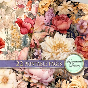 Pu&ograve; includere: Un download digitale di 22 pagine stampabili con un motivo floreale con fiori rosa, bianchi e gialli. Il testo "Romantic Letters" &egrave; in un cerchio nell'angolo in basso a destra dell'immagine.