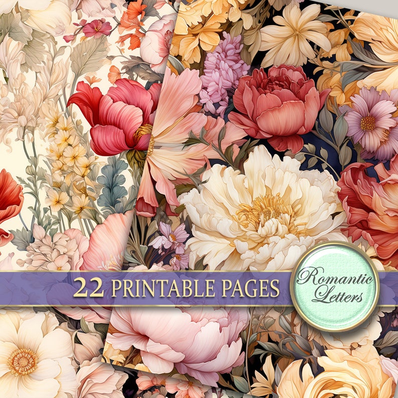 Pu&ograve; includere: Un download digitale di 22 pagine stampabili con un motivo floreale con fiori rosa, bianchi e gialli. Il testo "Romantic Letters" &egrave; in un cerchio nell'angolo in basso a destra dell'immagine.