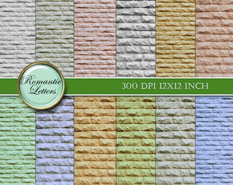 May include: A set of 12 digital paper backgrounds featuring a brick wall texture in various colors, including white, green, brown, gray, and blue. The papers are 12x12 inches and 300 DPI.