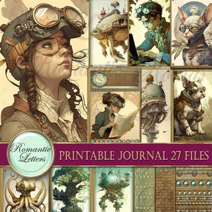 Puede incluir: Un collage digital de 27 páginas de diario imprimibles con ilustraciones de temática steampunk. El collage incluye imágenes de una mujer con gafas, una máquina voladora, un reloj, una ciudad y un perro con gafas. El texto "Romantic Letters" y "Printable Journal 27 Files" está incluido en el collage.