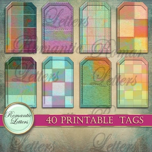 May include: Forty printable tags with a patchwork design in shades of pink, blue, green, and orange. The tags have a stitched border and a distressed look.