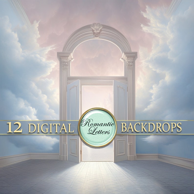 May include: A digital backdrop featuring a white archway with open doors leading to a bright light. The background is a painted sky with clouds. The text "12 DIGITAL BACKDROPS" is at the bottom of the image.