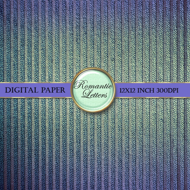 May include: A digital paper background with a blue and green striped pattern. The paper is 12x12 inches and 300 DPI. The text "Romantic Letters" is in a circle with a gold border.