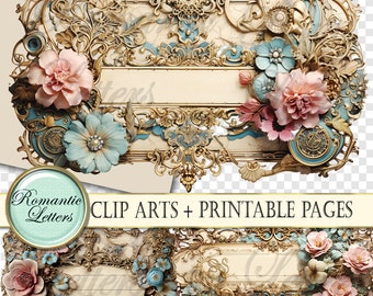 Baroque Floral Fantasy Clip Art, Ornate Shabby Chic Wedding Craft & Vintage Gold Invitation labels (Digital)