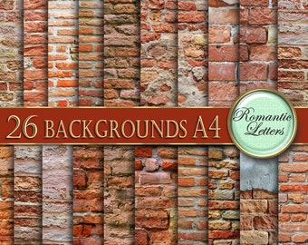 May include: 26 digital paper backgrounds featuring red brick walls with varying textures and patterns. The backgrounds are ideal for scrapbooking, digital design, and other creative projects. The text "26 Backgrounds A4" is displayed on a red banner.