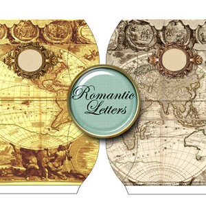 Puede incluir: Una plantilla imprimible para una caja de regalo con un dise&ntilde;o de mapa del mundo vintage. La caja est&aacute; decorada con detalles dorados y las palabras "Romantic Letters" en una fuente decorativa.