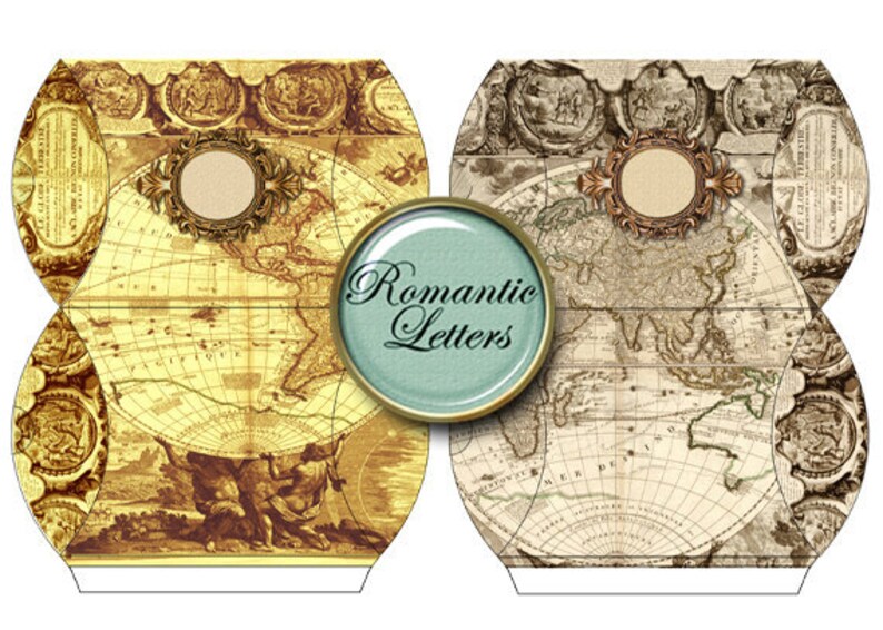 Puede incluir: Una plantilla imprimible para una caja de regalo con un dise&ntilde;o de mapa del mundo vintage. La caja est&aacute; decorada con detalles dorados y las palabras "Romantic Letters" en una fuente decorativa.