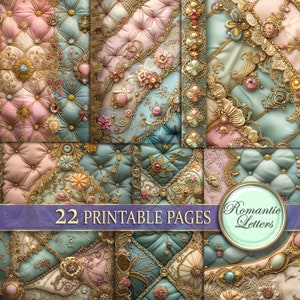 Pode incluir: Um pacote de papel digital com 22 páginas imprimíveis com um design vintage ornamentado em cores douradas, rosas e azuis. O design inclui tecido estofado, renda e joias. O texto "Romantic Letters" está incluído na imagem.