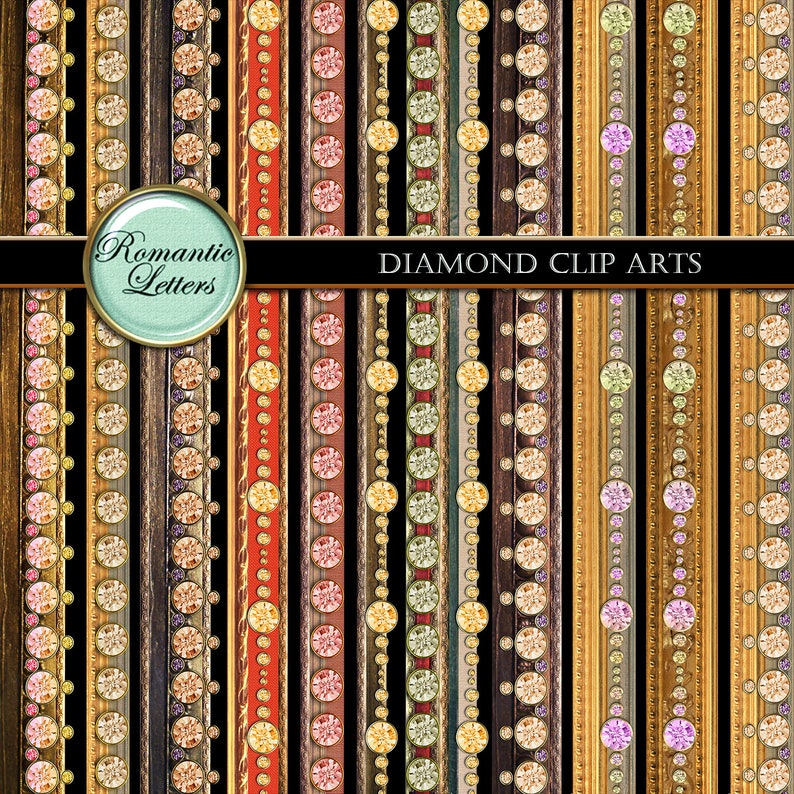 May include: A digital collage of 24 different decorative borders featuring rows of colorful diamonds. The borders are in various colors, including gold, red, brown, and purple. The text "Romantic Letters" and "DIAMOND CLIP ARTS" is at the top of the image.